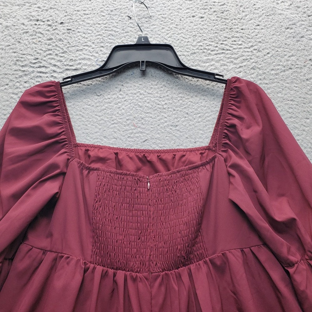 Exlura Dress Womens Medium Burgundy Balloon Sleeve Square Neck Smocked Back Zip - Picture 11 of 11